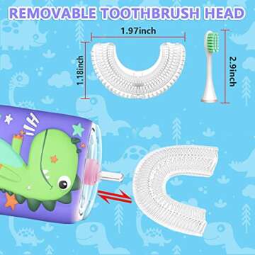 Kids Electric Toothbrush U Shape Dinosaur Ultrasonic Automatic Toothbrush with Replacement Soft Bristles Heads Six Modes 360°Oral Cleaning IPX7 Waterproof Smart Rechargeable Toothbrush (2. Green)