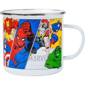 Silver Buffalo Retro Vintage Panel Marvel Comics Avengers Camper Coffee Mug Featuring Captain America, Hulk, Thor, Spider-Man, Black Widow, and Iron Man, 21 Ounces