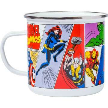 Silver Buffalo Retro Vintage Panel Marvel Comics Avengers Camper Coffee Mug Featuring Captain America, Hulk, Thor, Spider-Man, Black Widow, and Iron Man, 21 Ounces