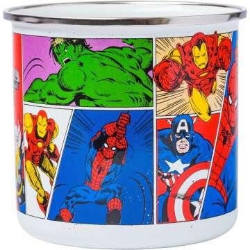 Silver Buffalo Retro Vintage Panel Marvel Comics Avengers Camper Coffee Mug Featuring Captain America, Hulk, Thor, Spider-Man, Black Widow, and Iron Man, 21 Ounces