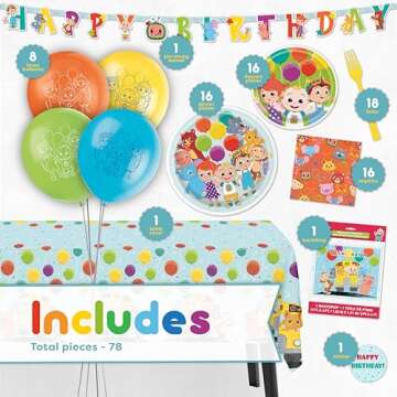 CoComelon Party Supplies | CoComelon Birthday Party Supplies | CoComelon Backdrop | CoComelon Party Decorations Girls Boys 1st 2nd Backdrop, Balloons, Tablecloth, Plates, Napkins, Forks, Sticker