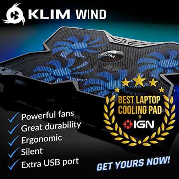 KLIM Wind Laptop Cooling Pad - More Than 500 000 Units Sold - New Version 2024 - The Most Powerful Rapid Action Cooling Fan - Laptop Stand with 4 Cooling Fans at 1200 RPM - USB Fan - PS5 PS4 - Blue