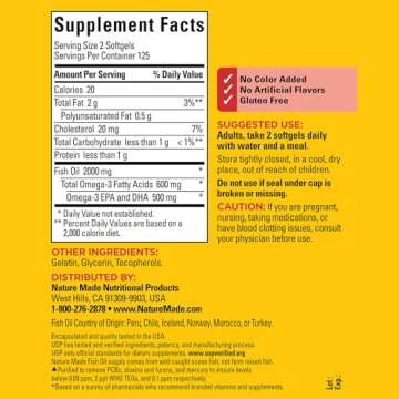 Nature Made Fish Oil 1000 mg Softgels, Fish Oil Supplements, Omega 3 Fish Oil for Healthy Heart Support, Omega 3 Supplement with 250 Softgels, 125 Day Supply