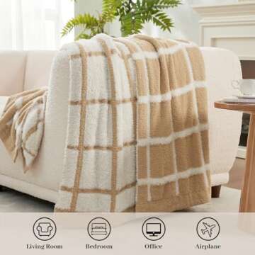 Amélie Home Fluffy Soft Faux Fur Feather Yarn Throw Blankets for Couch, Double Sided Checkered Throw Blankets, Cozy Lightweight Knit Throw Blanket for Sofa Chair Bed, 50"x 60", Plaid Beige