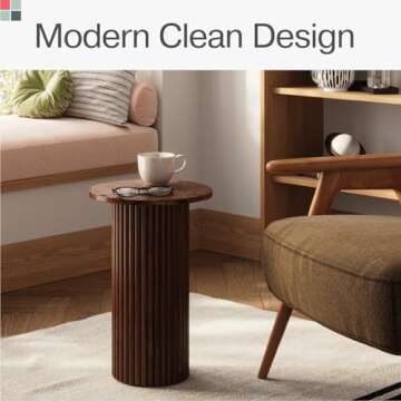 Stead Round Fluted Accent Side Table, Small Drink Desk, Living Room Furniture, Stylish Modern Home and Bedroom Decor, Pedestal Side Table with a Solid Oak Base (Burl Walnut Finish)