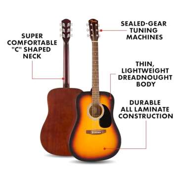 Fender FA-25 Dreadnought Acoustic Guitar, Beginner Guitar, with 2-Year Warranty, Includes Free Lessons, Sunburst