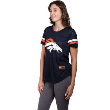 Ultra Game NFL Denver Broncos Womenss Soft Mesh Jersey Varsity Stripe Jock Tag Crew Neck Tee Shirt Top, Team Color, Large