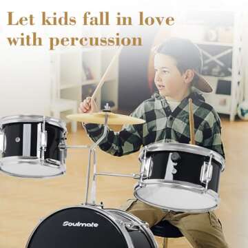 Soulmate Kids Drum Set 3-Piece 14 in Beginner Drum Set with Adjustable Throne, Cymbal, Pedal,8'' Tom 10'' Snare 14'' Bass Drum, Starter Drum Kit For Child age 3-13 Years, Black