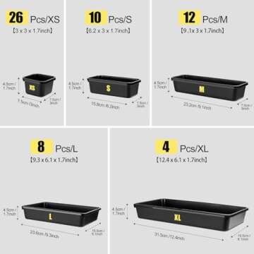 Takytao Upgraded 60PCS Tool Box Organizer Tray Divider,5 Sizes Desk Drawer Organizers Garage Tool Organizer and Storage, Black Plastic Tray Organizer Bins for Home Office Supplies and Tools