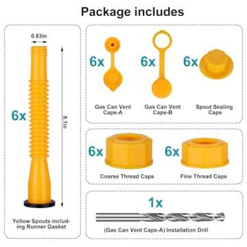 Gas Can Spout Replacement, Gas Can Nozzle, Fuel Can Spout, Upgraded (6Kit-Yellow) with Gas Can Caps, Spout Sealing Caps, Gas Can Vent Caps, Flexible Pour Nozzle Suitable for Most 1/2/5/10 Gal Oil Cans