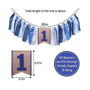 High Chair Banner Boy - First Birthday Decorations For Boy 1st Birthday Banner Highchair Party Supplies Photo Booth Props(Blue White)