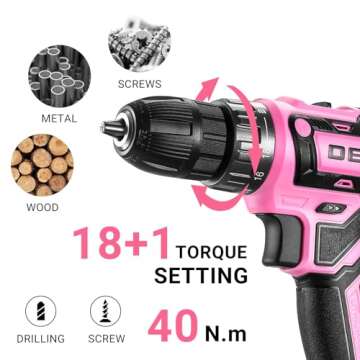 Power Drill Cordless: DEKO PRO Pink Cordless Drill 20V Electric Power Drill Set Tool for Women Drills Cordless with Battery and Charger Drill Driver 20 Volt Drill Driver Kit