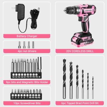 Power Drill Cordless: DEKO PRO Pink Cordless Drill 20V Electric Power Drill Set Tool for Women Drills Cordless with Battery and Charger Drill Driver 20 Volt Drill Driver Kit