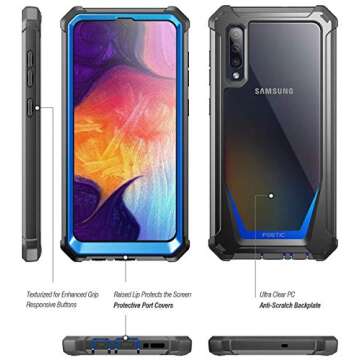 Poetic Guardian Series Case Designed for Samsung Galaxy A50/A50s Case, Full-Body Hybrid Shockproof Bumper Cover with Built-in-Screen Protector, Blue/Clear