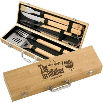 Personalized BBQ Grilling Set with 5 Tools, Laser Engraved with Designs and Names