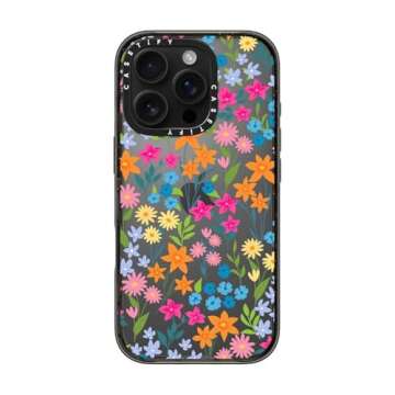 CASETiFY Impact Case for iPhone 16 Pro [Slim / 8.2 ft. 4X Military Grade Drop Protection/Wireless Charging Compatible] - Bright Spring Flowers - Clear Black