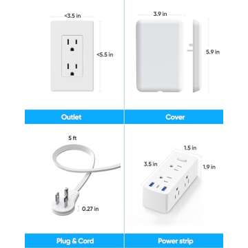 Flat Extension Cord with Outlet Cover, Olcorife Flat Plug Power Strip with 6 Outlets and 3 USB Ports, 2000 Joules Surge Protector, 5 FT Cord Hidden Outlet Extender for Tight Spaces