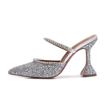 Vertundy Women's Silver Mule Heels Rhinestones Sequin Strappy Stiletto Slide Pumps Slip On Sexy Glitter Sparkly High Heels Sandals Closed Sparkle Pointed Toe Backless Dressy Wedding Party