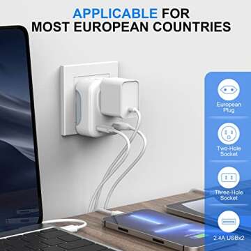 European Travel Plug Adapter with 1 USB,Type C,2 American Outlets International Power Adaptor for EU Italy Spain France Germany Greece Israel