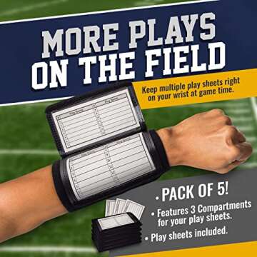 GSM Brands Quarterback (QB) Play Wristband - Youth Size - Pro Football Armband Playbook - 5 Pack (Black)