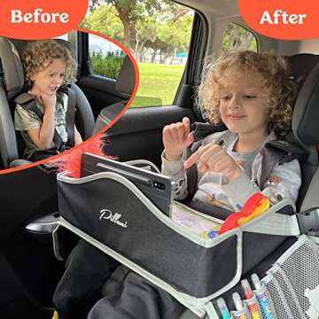 PILLANI Kids Travel Tray for Car - Car Seat Tray for Kids Travel, Car Trays for Kids Roadtrip Essentials,Carseat Table Tray for Kids Road Trip Activities -Toddler Lap Desk Organizer for Airplane