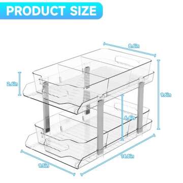 2 Sets Large Capacity Under Sink Organizers And Storage,Multi-Purpose 2 Tier 9.6"Tall Under Bathroom Sink Organizer and Under Cabinet Storage,Clear Pull Out Medicine Cabinet Organizer With 8 Dividers