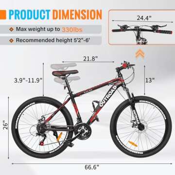 Outroad 26 Inch Mountain Bike, 21-Speed/High-Carbon Steel/Aviation Grade Frame, Dual Disc/V Brake, Adjustable Ergonomic Seat Bicycle for Men Women Adult, Quick Assembly in 20 Minutes, X3-Black