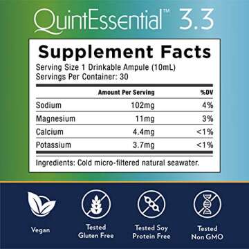 QuintEssential 3.3 - Concentrated Pure Seawater Electrolyte Liquid Minerals Supplement for Hydration, Muscle Recovery + Energy Support, Electrolyte Drink with Trace Minerals (30 Vials)