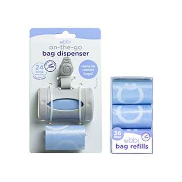 Ubbi On The Go Gray Bag Dispenser and Waste Disposal Bags Refill, Lavender Scented, Baby Savings Bundle