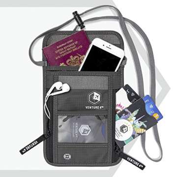 VENTURE 4TH Passport Holder Neck Wallet with RFID Blocking Nylon Lining - Hidden Neck Pouch for Travel (Gray)