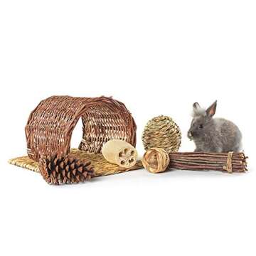 Niteangel Twig Tunnel Small Animal Hideout with Timothy Club Mat, Natural Grass Balls and Chew Toys Kits for Guinea Pig, Rat