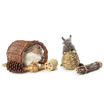 Niteangel Twig Tunnel Small Animal Hideout with Timothy Club Mat, Natural Grass Balls and Chew Toys Kits for Guinea Pig, Rat