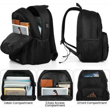 Lightweight Black School Backpack for Teens & Adults