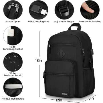 Lightweight Black School Backpack for Teens & Adults