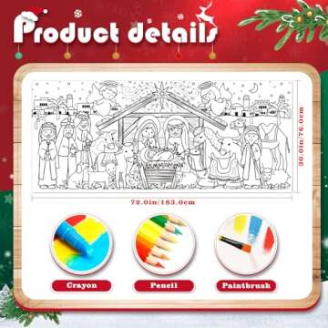 Tetor Giant Nativity Scene Coloring Poster or Table Cover | Extra Large 30 x 72 inches | Paper Religious Holiday Tablecloth for Church or School | Huge Manger Activity Pages for Kids