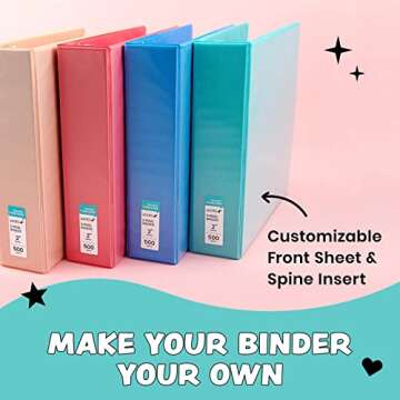 Yoobi 2 Inch Binder Set, 3 Ring Binders with Plastic Cover, 2 Pocket Sleeves and D Rings, Organizer for up to 500 Sheets of Loose Paper, 4 Pack Cute Binders, Multicolor, Office or School Supplies