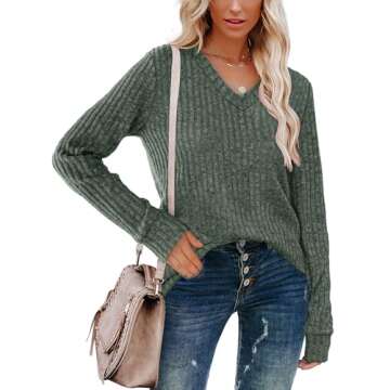 SAMPEEL Women's Long Sleeve V Neck Tops for Fall & Winter - Green M