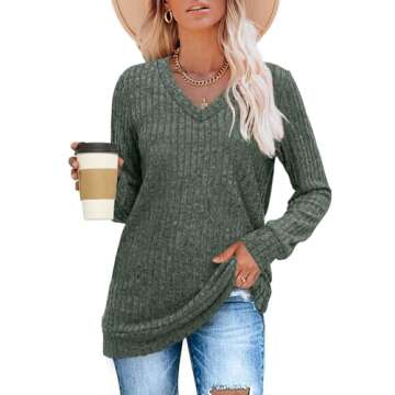 V Neck Long Sleeve Casual Tops for Winter - Green M