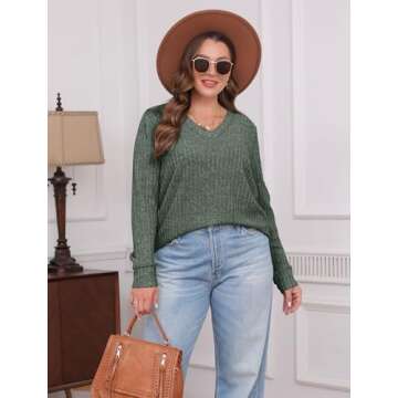 V Neck Long Sleeve Casual Tops for Winter - Green M