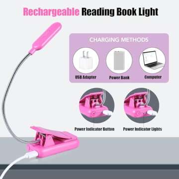 VAVOFO Rechargeable Book Light for Reading in Bed Kids, 7 LED Reading Light with 9-Level Warm Cool White Daylight, Eye Care Lamp with Power Indicator for Bookworms (Rose)