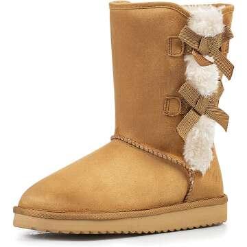 KRABOR Womens Suede Snow Boots Mid-Calf Winter Shoes with Side Bows Size 6-11