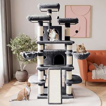 SHA CERLIN 68 Inches Multi-Level Large Cat Tree for Large Cats/Big Cat Tower with Cat Condo/Cozy Plush Cat Perches/Sisal Scratching Posts and Hammocks/Cat Activity Center, Dark Grey