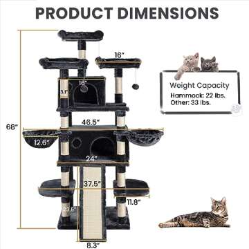 SHA CERLIN 68 Inches Multi-Level Large Cat Tree for Large Cats/Big Cat Tower with Cat Condo/Cozy Plush Cat Perches/Sisal Scratching Posts and Hammocks/Cat Activity Center, Dark Grey