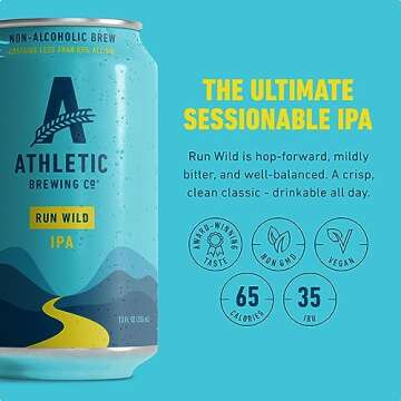 Athletic Brewing Company Craft Non-Alcoholic Beer - 6 Pack x 12 Fl Oz Cans - Run Wild IPA - Low-Calorie, Award Winning - The Ultimate Sessionable IPA Subtle Yet Complex Malt Profile