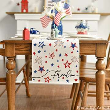 Artoid Mode Patriotic Freedom Stars Table Runner, 4th of July Memorial Day Holiday Kitchen Dining Table Decor for Indoor Outdoor Home Party Decoration 13 x 72 Inch