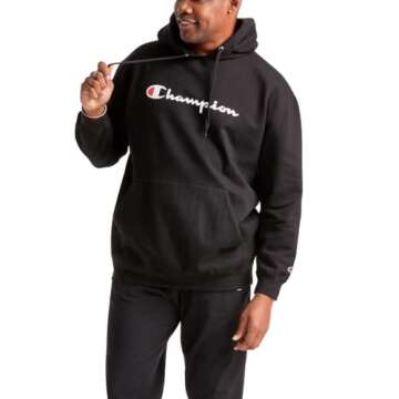 Champion Mens Hoodie, Powerblend, Fleece Comfortable Sweatshirt, Script Logo, Athletic-hoodies, Black , X-Small US