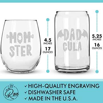 On The Rox Drinks Halloween Wine Glass Gifts for Mom and Dad -”DADcula and MOMster 2PC Wine Glass Set - Halloween Cups, Halloween Tumbler, Drinking Glassware - Spooky Ghost Gifts