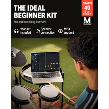 Donner DED-80 Electronic Drum Set with 4 Quiet Mesh Pads, 180+ Sounds, 2 Pedals, Throne, Headphones, Sticks, and Melodics Lessons