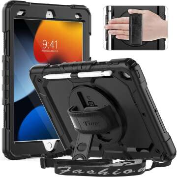 Timecity Case for iPad 9th/ 8th/ 7th Generation, Case for iPad 10.2-Inch 2021/2020/ 2019 with Screen Protector Pencil Holder Kickstand Hand/Shoulder Strap. Heavy Duty Protective Tablet Cover - Black