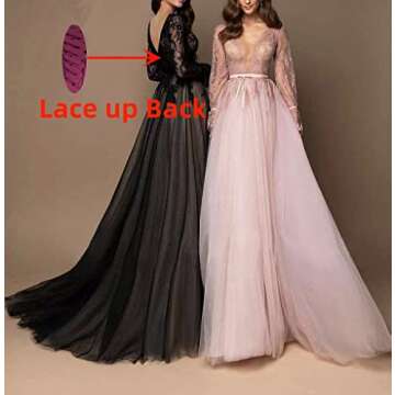 WORDSKEI Long Sleeve Prom Dress V-Neck Laces Tulle Wedding Dresses A Line Formal Evening Gowns